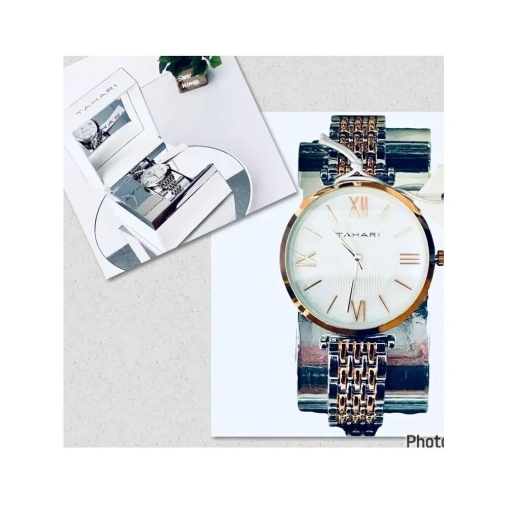 NWT Gorgeous  Tahari Silver Gold Quartz White Dial Stainless Steel Women's Watch